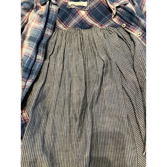 FREE PEOPLE  Blue Plaid Cotton Gauze button up top raw hem high low woman’s S - Picture 5 of 6